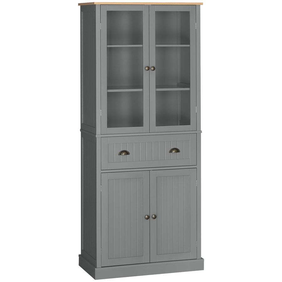 HOMCOM Buffet Küchenschrank Aufbewahrung 4 Türen, davon 2 Glastüren + 1 Schublade, Höhe 182,5 cm, mit verstellbaren Einlegeböden - grau   Aosom von HOMCOM
