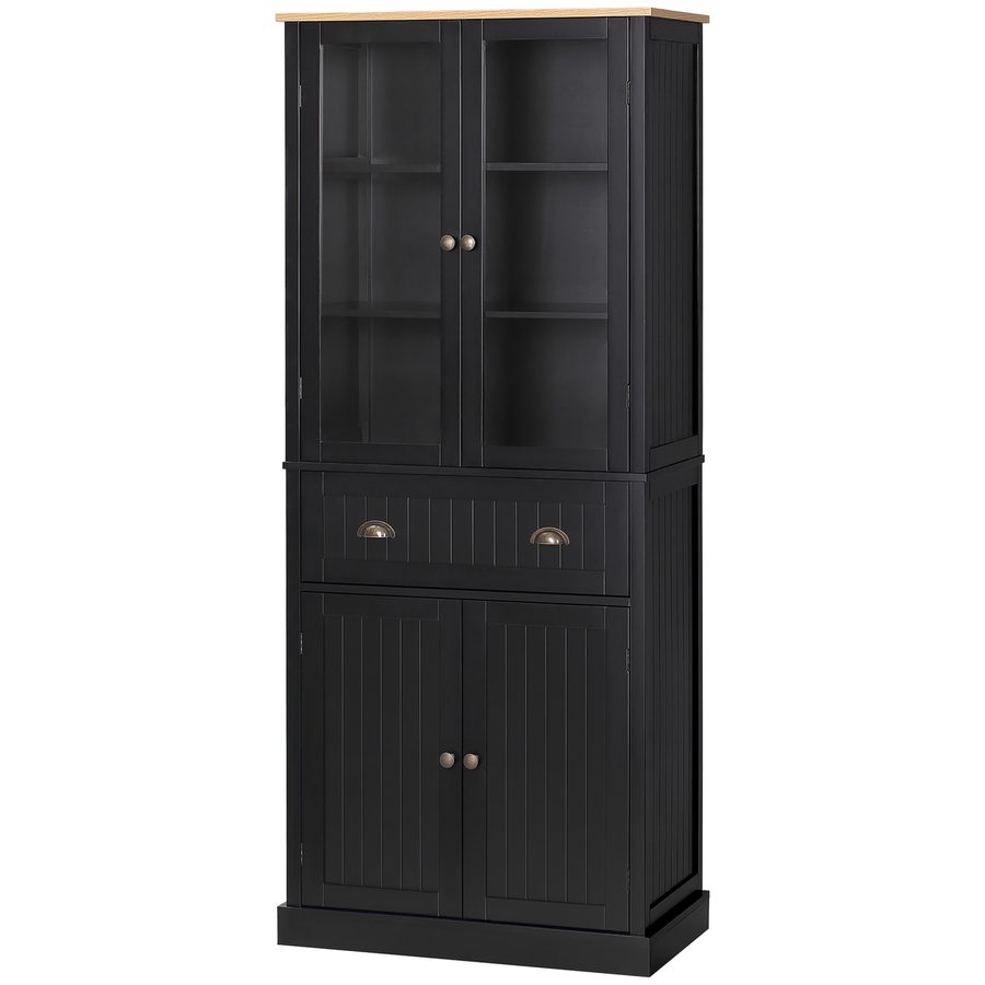 HOMCOM Buffet Küchenschrank Aufbewahrung 4 Türen davon 2 Glastüren und 1 Schublade Höhe 182,5 cm mit verstellbaren Regalen - schwarz   Aosom von HOMCOM