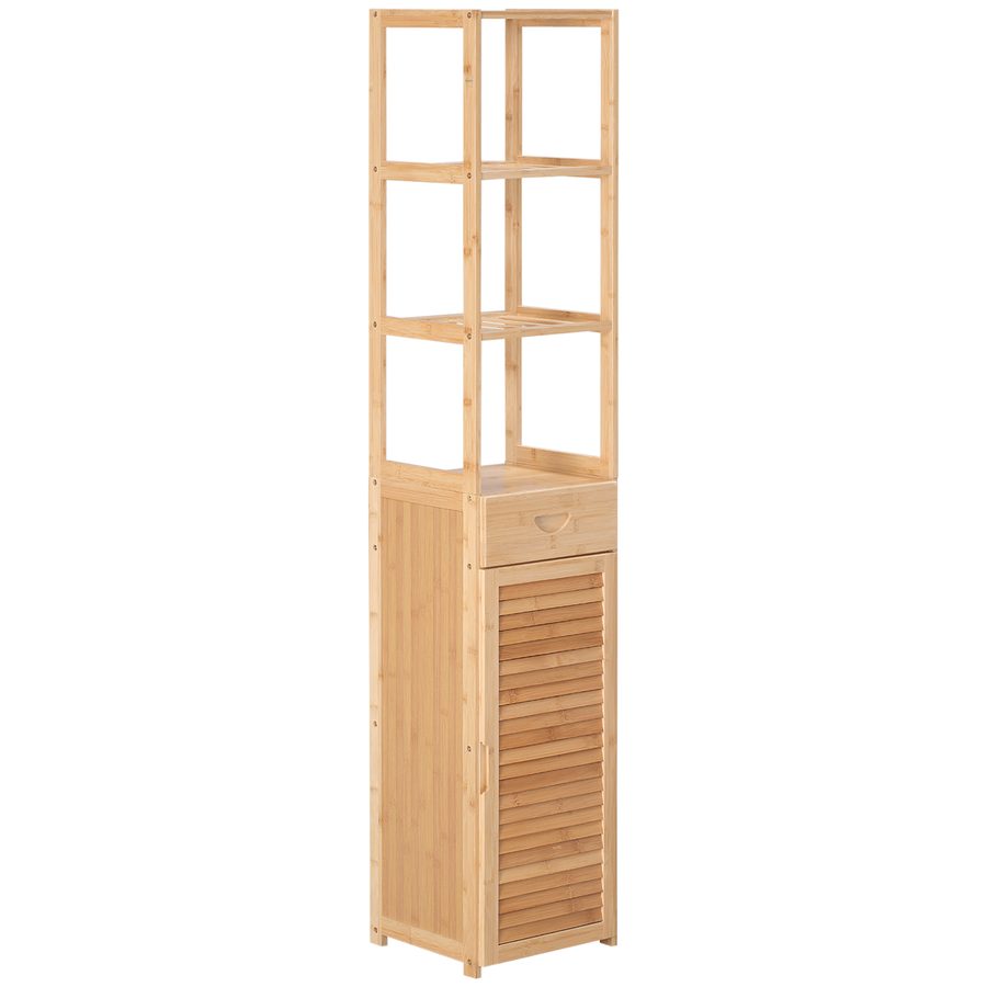 kleankin Badezimmerschrank, Badschrank aus Bambus, Badezimmermöbel mit Schublade, drei Ablagen, offenes Fach, für Badezimmer, 32 x 30 x 163 cm Naturholz   Aosom von Kleankin