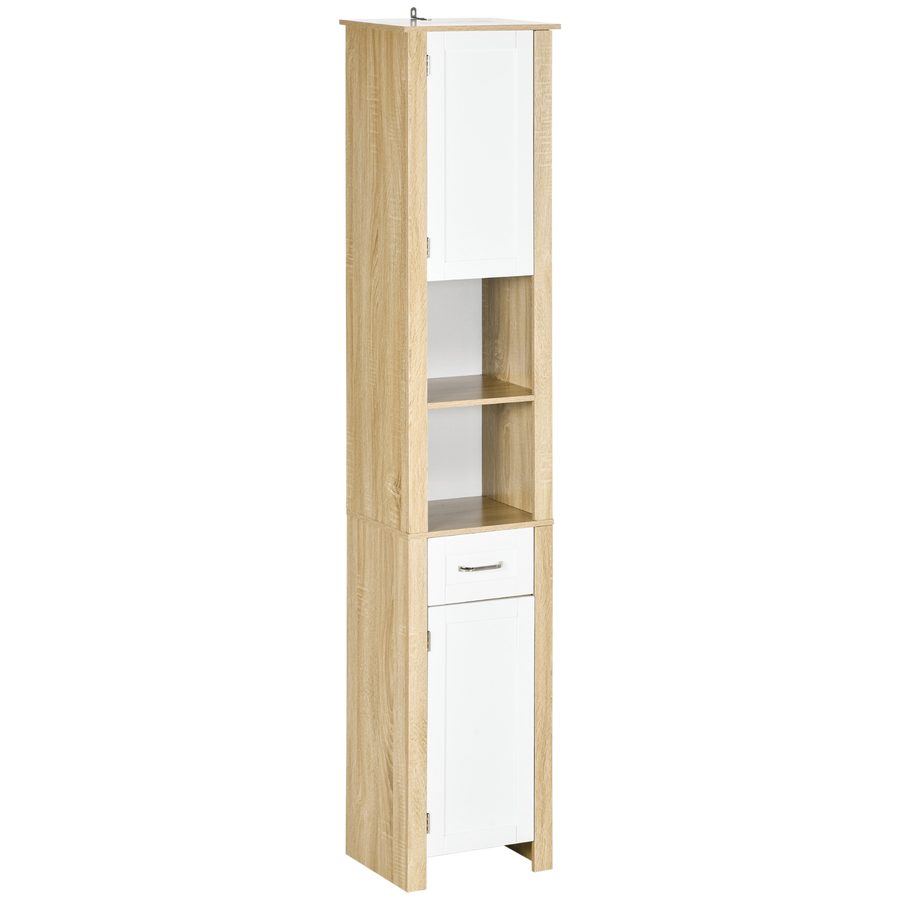 Kleankin Badezimmerschrank Hoch in Spanplatte mit einer Schublade, 2 Schränken und 2 Verstellbaren Regalen, 37x30x184 cm, Weiß und Naturfarben   Aosom von Kleankin