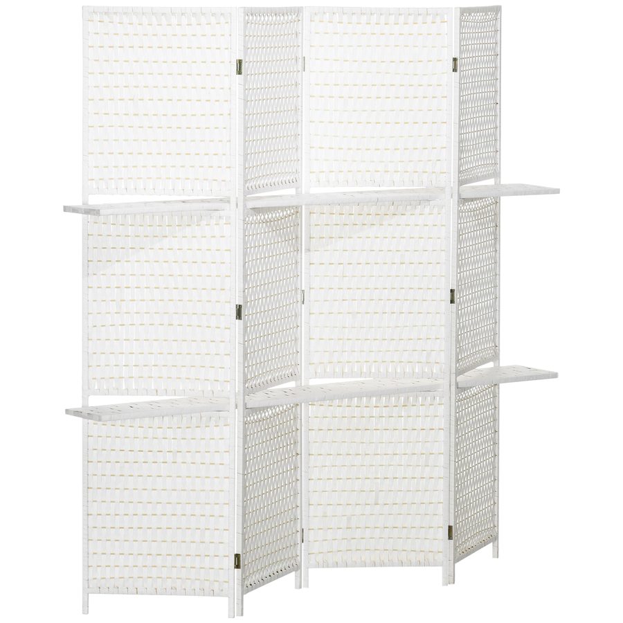 HOMCOM Paravent 4-teilig 181 x 180 cm Raumteiler Faltbar Trennwand Sichtschutz aus Kiefernholz, Bambus mit 2 Regalen, Freistehend Raumtrenner für Schlafzimmer, Wohnzimmer, Büro, Weiß   Aosom