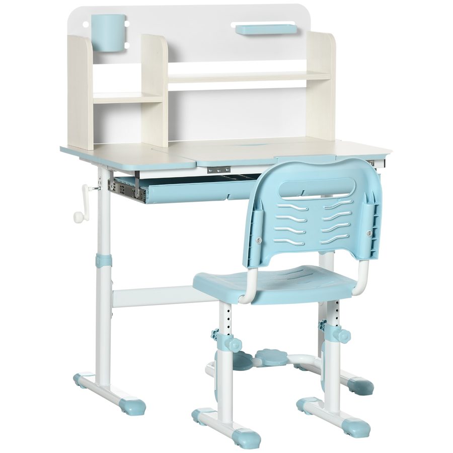 HOMCOM Set Schreibtisch und Stuhl für Kinder verstellbar, Kindertisch neigbar auf 60° mit Schublade, Regalen und Stifthalter, Alter 3+ Jahre, Blau   Aosom von HOMCOM