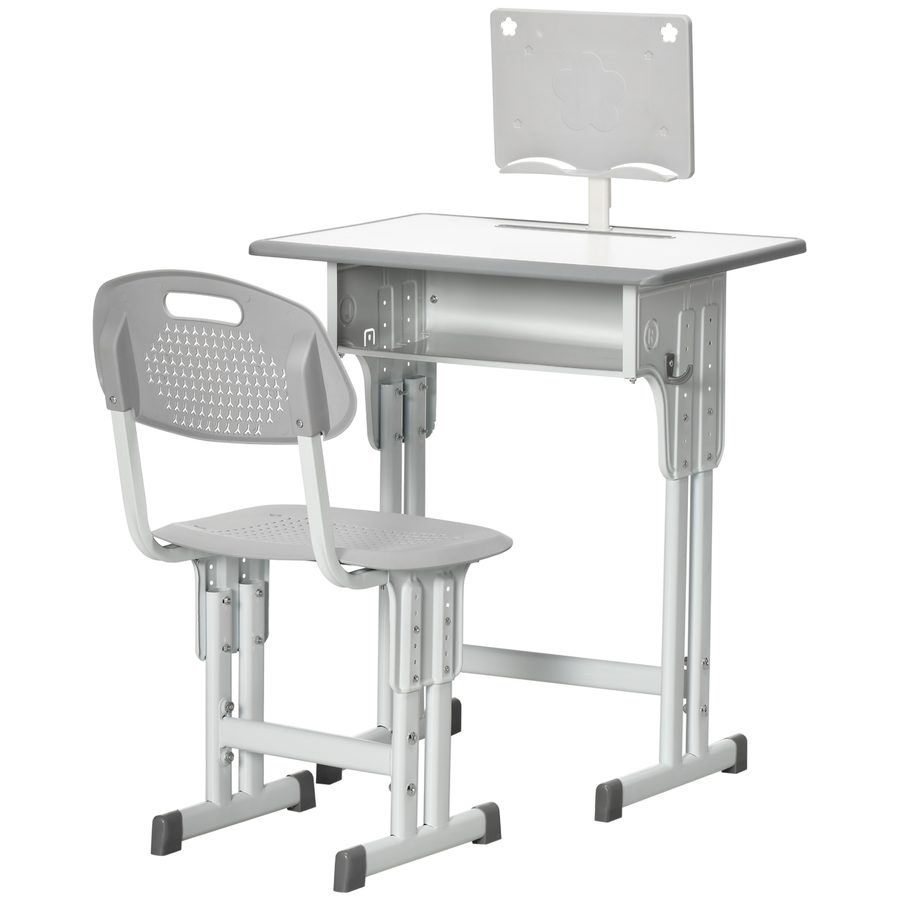 HOMCOM Schreibtisch und Stuhl für Kinder mit Leseständer, Fach, Haken und Stifthalter - verstellbare Höhe - 60 x 45 x 90-102 cm - grau   Aosom von HOMCOM