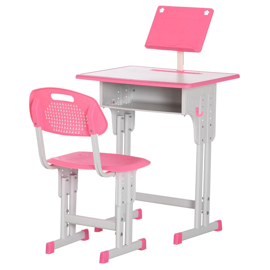HOMCOM Kinder Schreibtisch und Stuhl mit Leseständer, Fach, Haken und Stifthalter - höhenverstellbar - 60 x 45 x 90-102 cm - rosa   Aosom von HOMCOM