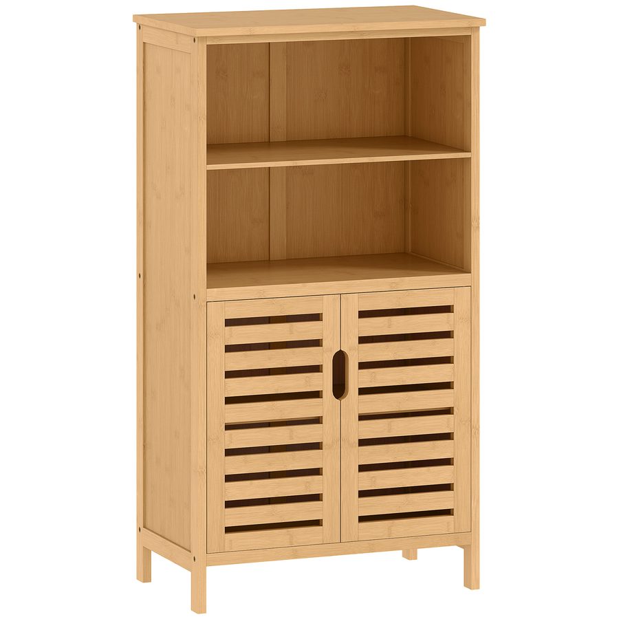 kleankin Badezimmerschrank aus Bambus Unterschrank mit Lamellentüren Kippschutz im Landhausstil, vielseitiger Mehrzweckschrank   Aosom.de von Kleankin
