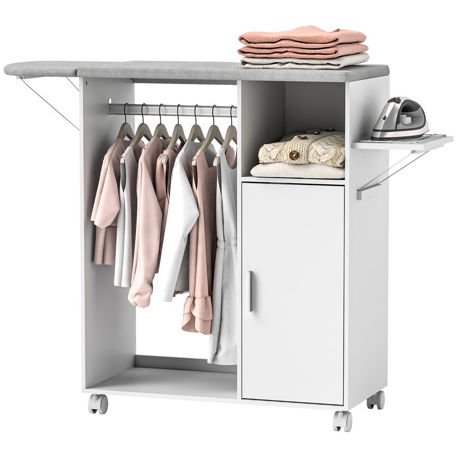 HOMCOM Mobile Bügelbrett aus Spanplatte und Schwamm mit Leinenstoff-Ablagefläche, 3 Würfelregalen und Aufhängung, 127x42,5x99 cm, Weiß   Aosom von HOMCOM