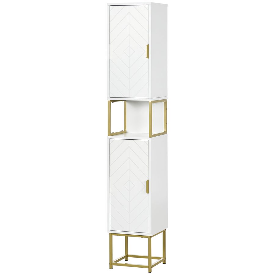 Kleankin Badezimmerschrank mit Nische und 2 Schränken, höhenverstellbarem Regal, Stahlbeinen, weiß, Abmessungen 30L x 30B x 170,7H cm, Gold   Aosom von Kleankin