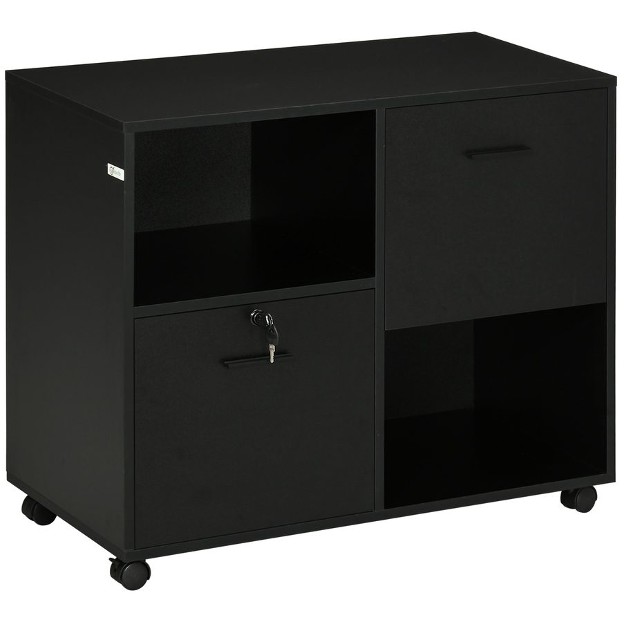 Vinsetto Büroschrank mit 2 Dokumentschubladen und offenen Regalen aus Spanplatte, Griffe aus Stahl, Räder mit Blockierung, 80x40x66cm, Schwarz   Aosom von Vinsetto