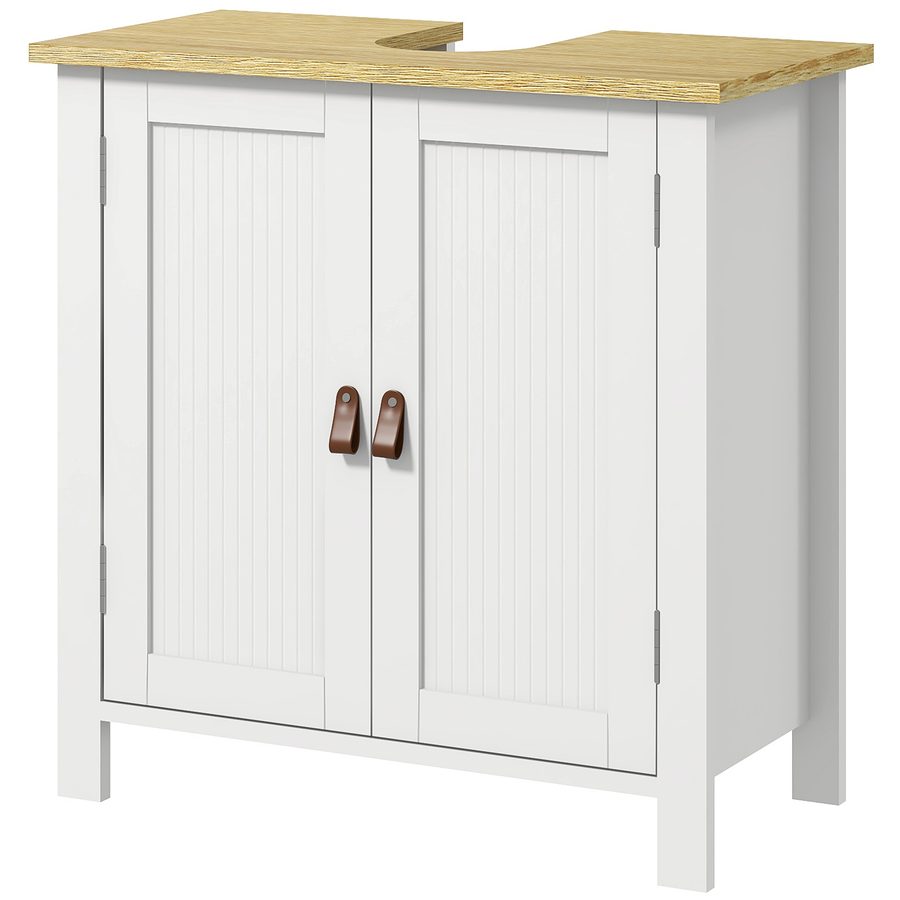 kleankin Badezimmerschrank unter Waschbecken, Badezimmerschrank unter Waschbecken, 2 Türen, verstellbares Regal, 2 Ebenen innen, Griffe aus PU, 60 x 30 x 60 cm, weiß   Aosom
