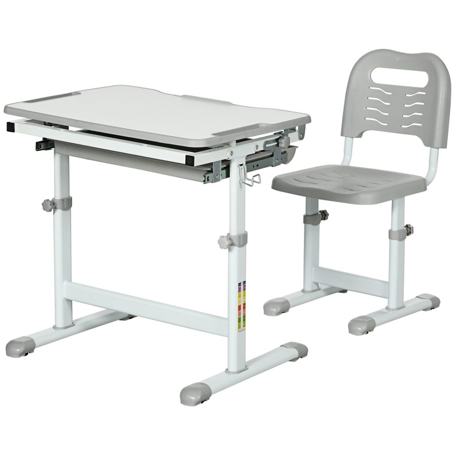 HOMCOM Kinder-Schreibtisch mit Stuhl, Kinder-Schreibtisch und Stuhl-Set mit höhenverstellbar, bis zu 45 ° neigbarer Tischplatte, Schublade, Stifthalter und Haken - in Stahl Grau Weiß   Aosom von HOMCOM