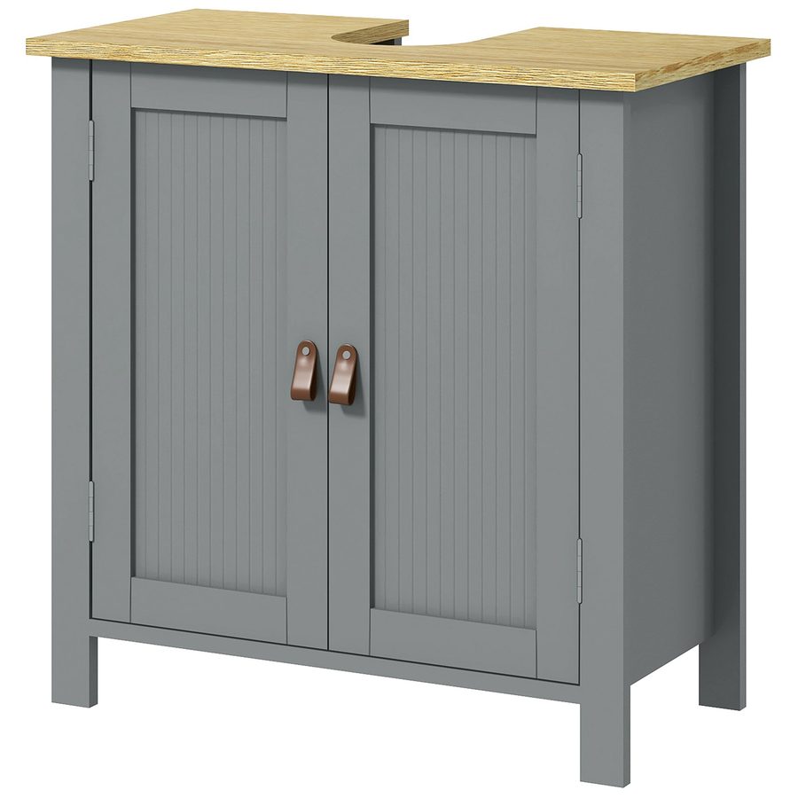Kleankin Unterschrank für Waschbecken, Badezimmerschrank unter Waschbecken, 2 Türen, verstellbares Regal, 2 Etagen innen, PU-Griffe, 60 x 30 x 60 cm, grau   Aosom von Kleankin