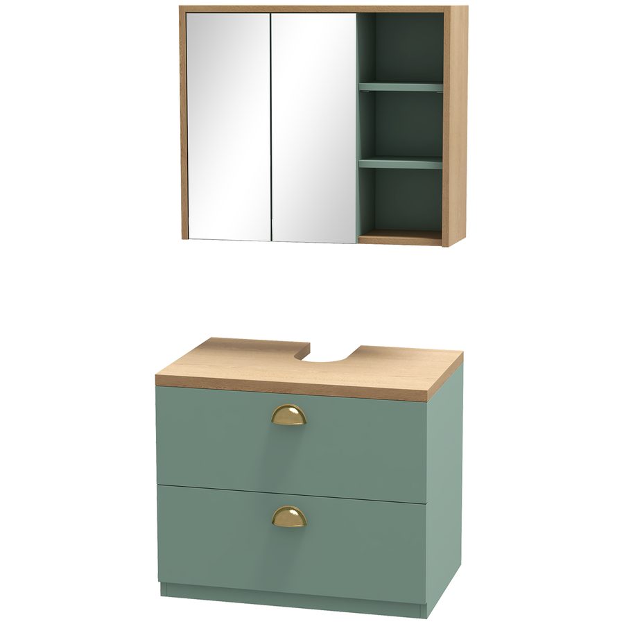 Kleankin Badezimmermöbelset Spiegelschrank Badezimmer + hängender Unterschrank mit verstellbaren Regalen 2 Schubladen skandinavisches Design grün   Aosom von Kleankin