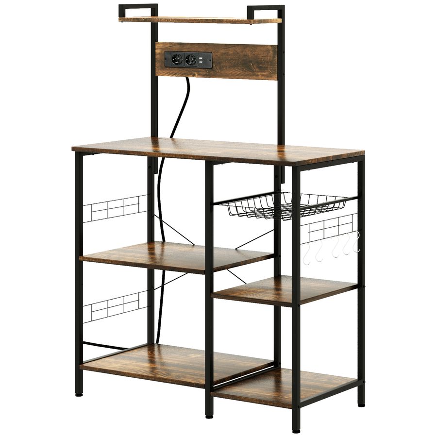 HOMCOM Küchenregal Mikrowellenregal Küchenaufbewahrung im industriellen Stil mit Steckdose, USB-Ladegerät, Regale, 5 Haken und Drahtkorb, 90 x 42 x 130 cm Rustikales Braun   Aosom von HOMCOM