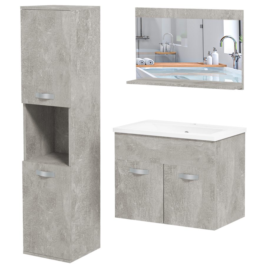 Kleankin 3-teiliges Badezimmermöbel-Set Waschtischmöbel mit Spiegelregal + Waschbeckenmöbel + wandmontierte Badschranksäule, grau   Aosom von Kleankin