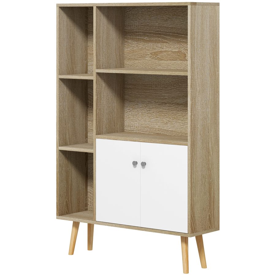 HOMCOM Skandinavisches Bücherregal Aufbewahrungsmöbel dim. 80L x 23,5B x 123H cm 5 Nischen Schrank 2 Türen geneigte, massive Pinienholzfüße Eiche   Aosom von HOMCOM