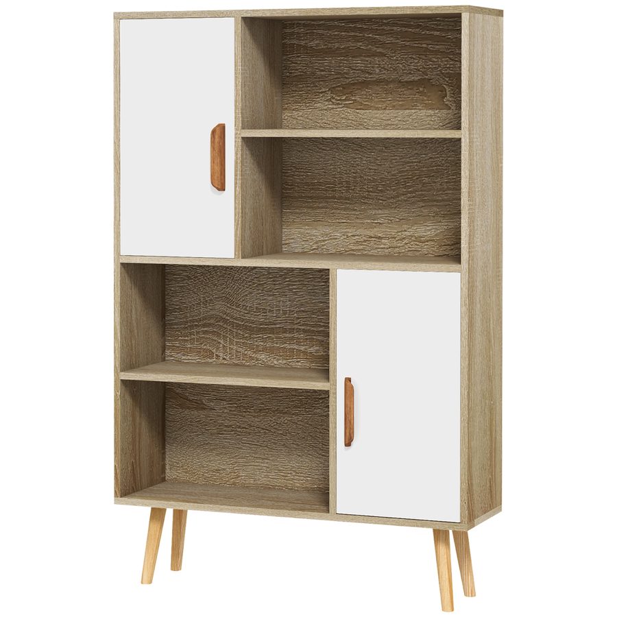 HOMCOM Skandinavisches Bücherregal 4 Nischen + 2 Schranktüren mit verstellbarem Regalboden 80L x 24B x 123H cm Schlanke, geneigte Füße aus massivem Kiefernholz Eiche   Aosom von HOMCOM