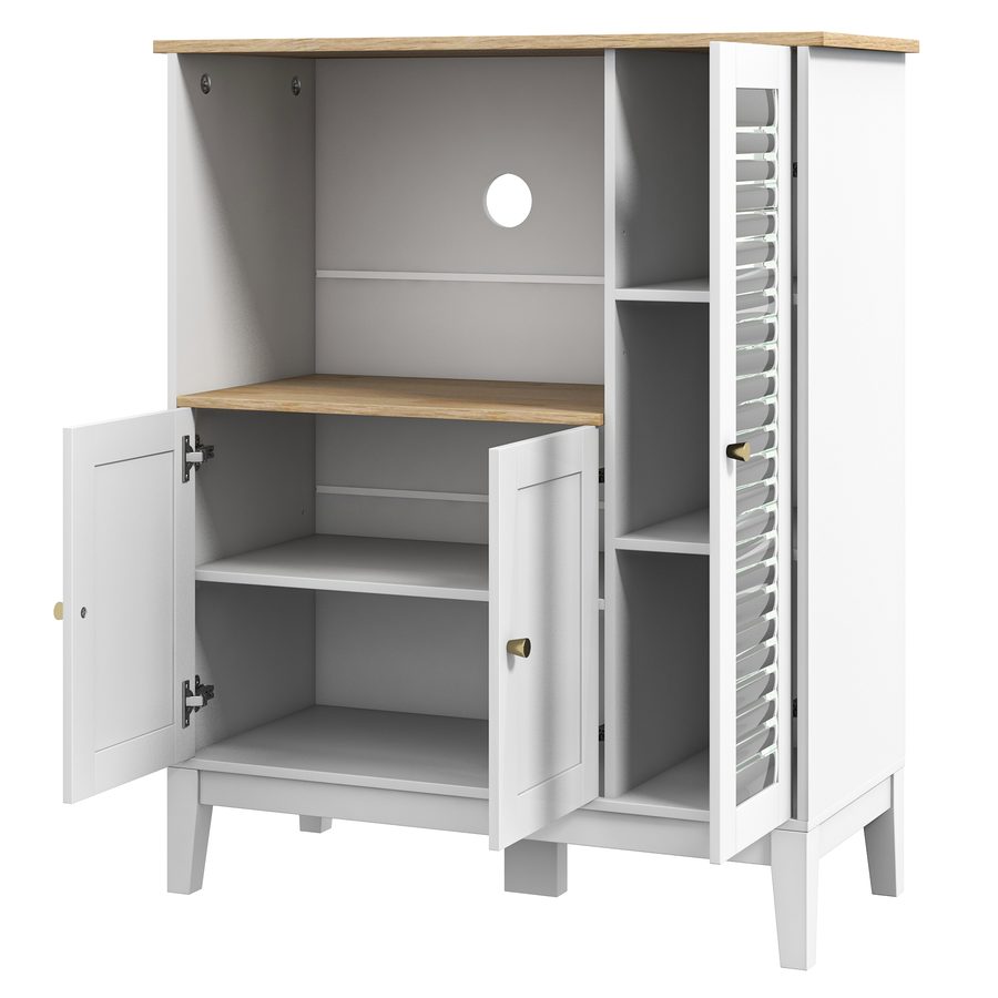 HOMCOM Mikrowellenschrank, Küchenschrank, Buffet, mit 1 Nische 3 Türen, Kabeldurchlass, für Küche, Esszimmer, Wohnzimmer, 80 x 35 x 97 cm, gehärtetes Glas, weiß und holzfarben   Aosom von HOMCOM