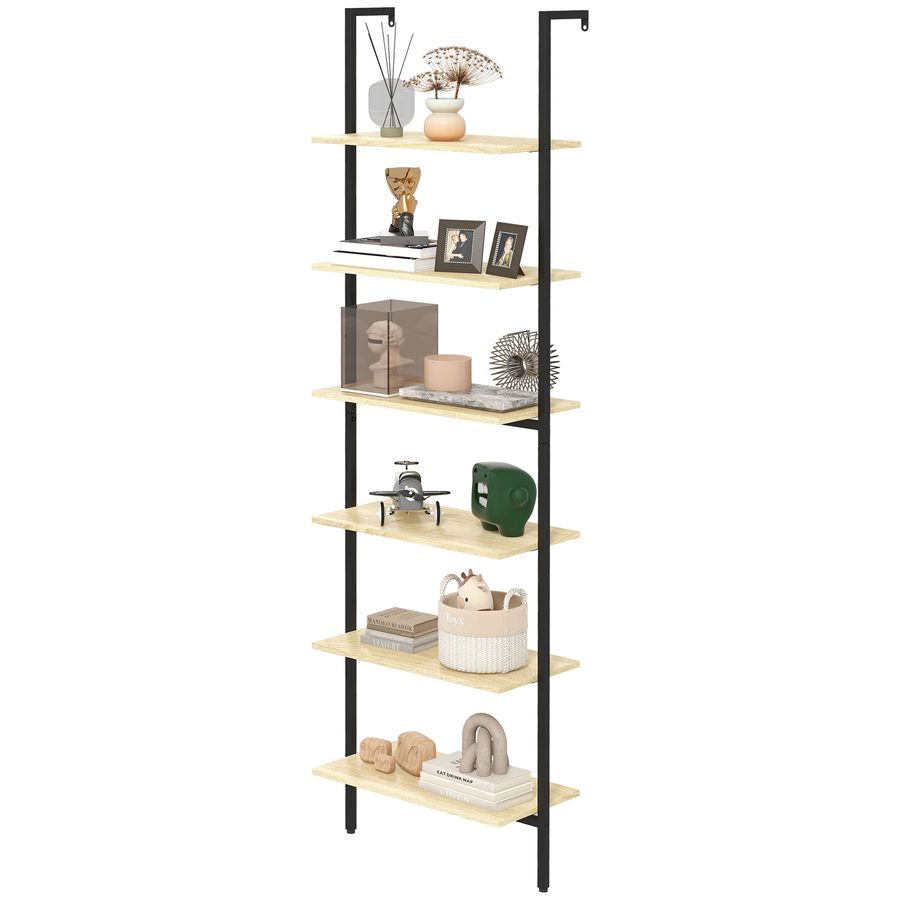 HOMCOM Wandregal Leiterregal Bücherregal Industriestil 6 Regale Schwarzer Stahl Natürliche Holzoptik - Maße 60L x 30B x 206H cm   Aosom von HOMCOM