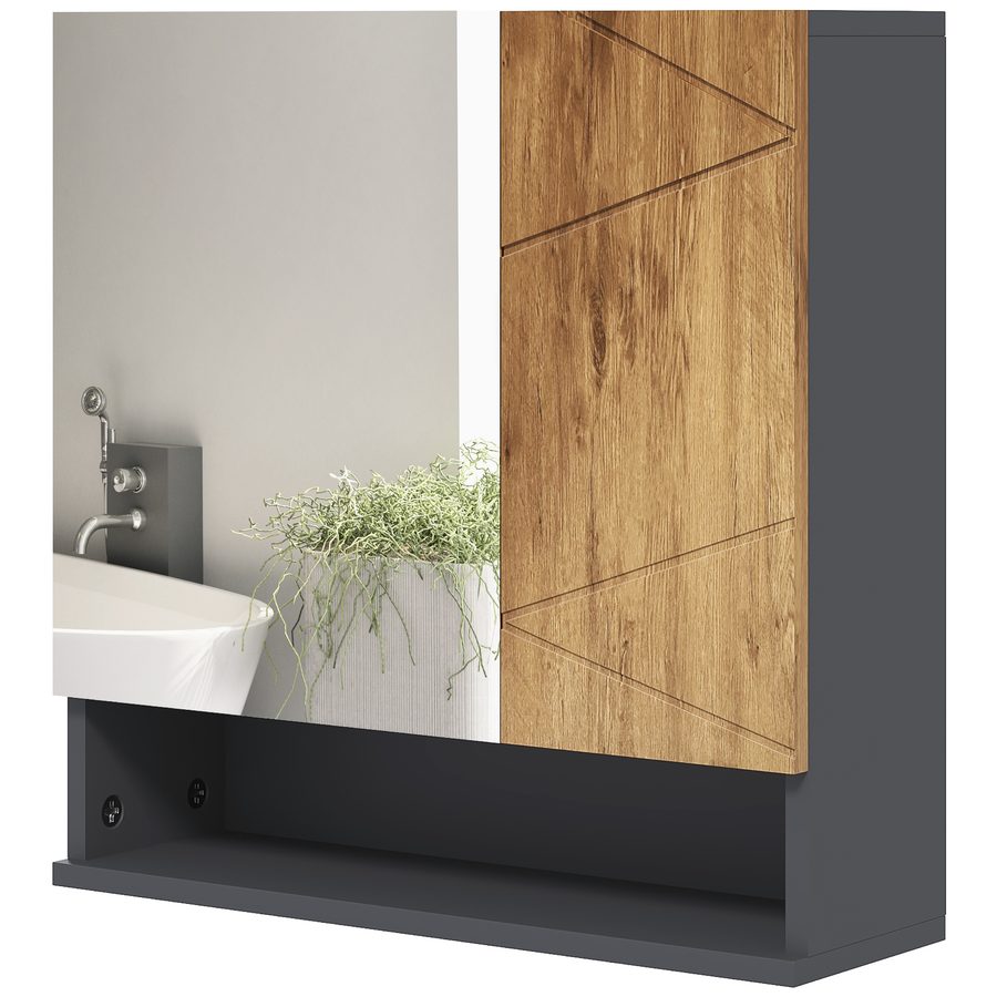 kleankin Wandmontierter Badezimmerspiegelschrank mit Stauraum 2 Türen und verstellbaren Regalen, zeitgenössisches Design 55 x 17 x 55 cm in Natur und Dunkelgrau   Aosom von Kleankin
