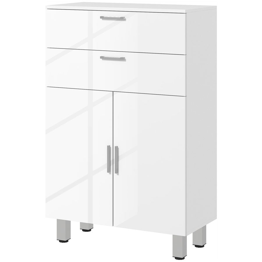 Kleankin Badezimmerschrank, Aufbewahrungsschrank mit 2 Schubladen, Doppelschranktür, verstellbaren Regalen und erhöhter Basis, Badezimmerschrank, Wohnzimmer, Schlafzimmer, 60x30x93cm,  weiß glänzend   Aosom von Kleankin