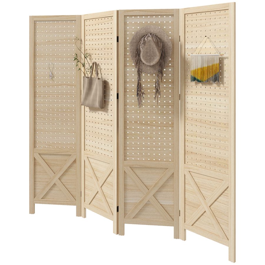 HOMCOM Innen-Paravent aus Holz, 4 Paneele, 152 x 144,5 cm, perforierte Platte, faltbarer Raumteiler, perforiertes Panel für Wohnzimmer, Schlafzimmer, Haus, Naturholz   Aosom von HOMCOM
