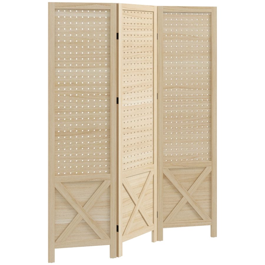 HOMCOM Innenparavent aus Holz, 3 Paneele, 114 x 144,5 cm, gelochtes Paneel, faltbarer Raumteiler, gelochtes Paneel für Wohnzimmer, Schlafzimmer, Zuhause, Naturholz   Aosom von HOMCOM