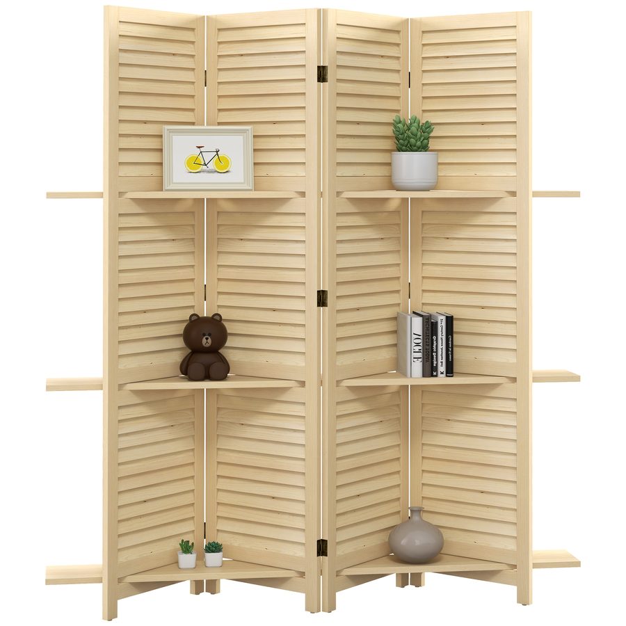 HOMCOM Innenraum-Paravent 4 Paneelen 160L x 170H cm 3 Regale faltbarer Raumteiler mit Lamellentüren aus Paulownia-Holz natur   Aosom von HOMCOM