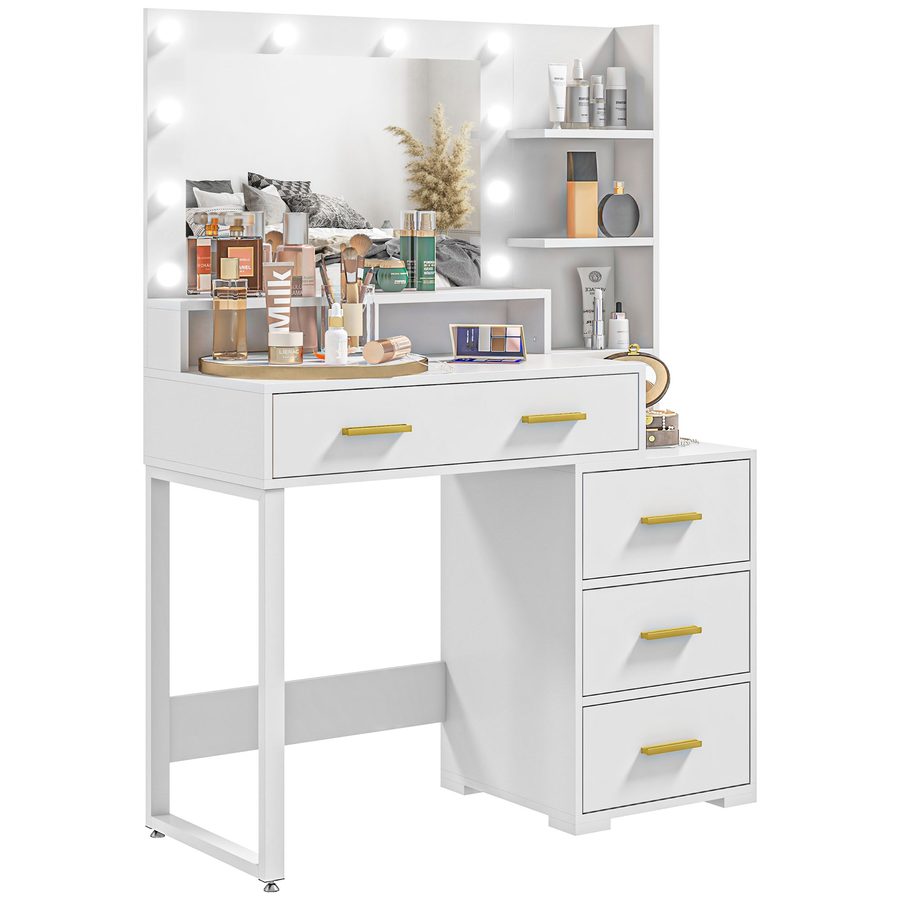 HOMCOM Schminktisch mit Spiegel und 9 LED-Lichtern, moderner Make-up-Tisch - 4 Schubladen und 6 offene Fächer, Schminktisch für Schlafzimmer, Ankleidezimmer, 100 x 40 x 138 cm, weiß   Aosom von HOMCOM
