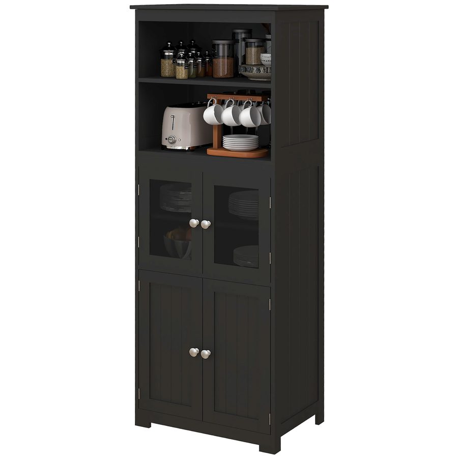 HOMCOM Küchenschrank Buffet Küchenvitrine Aufbewahrungsmöbel mit 2 Nischen, 2 Schränken mit 4 Türen inkl. 2 Glastüren, verstellbare Regalböden - 60B x 30T x 162H cm Schwarz   Aosom von HOMCOM