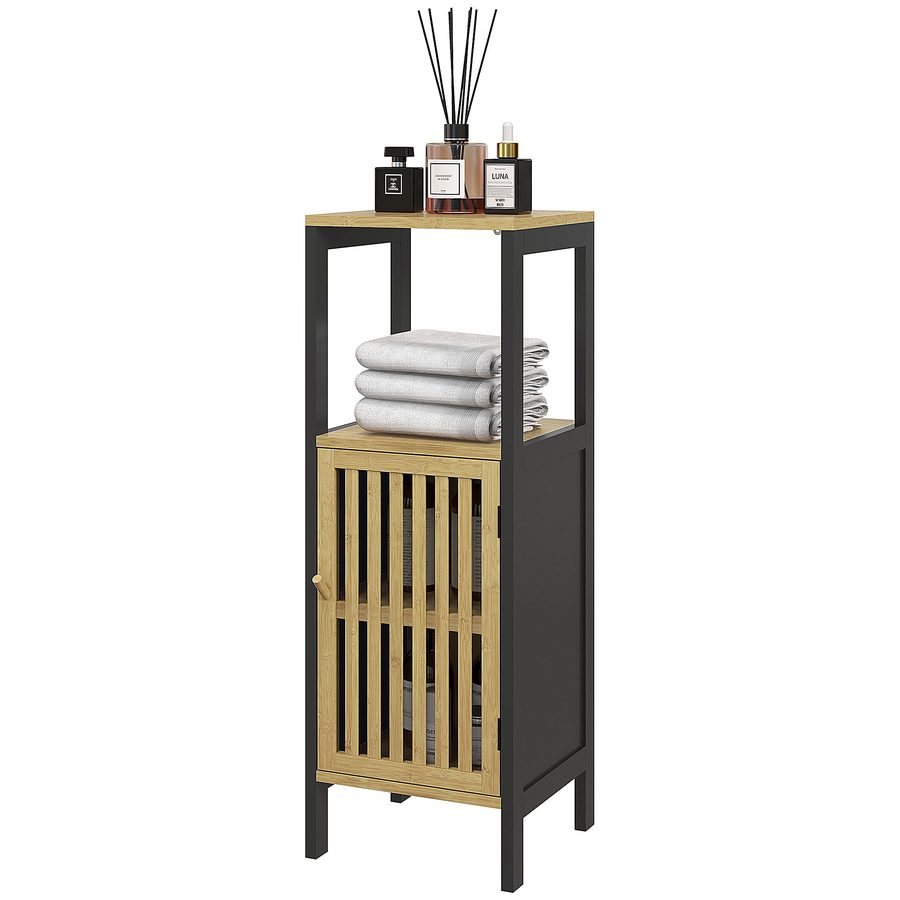 HOMCOM Badezimmerschrank aus Bambus mit 1 Tür und offener Nische 32 x 30 x 90,5 cm, Schwarz und Holz   Aosom von HOMCOM