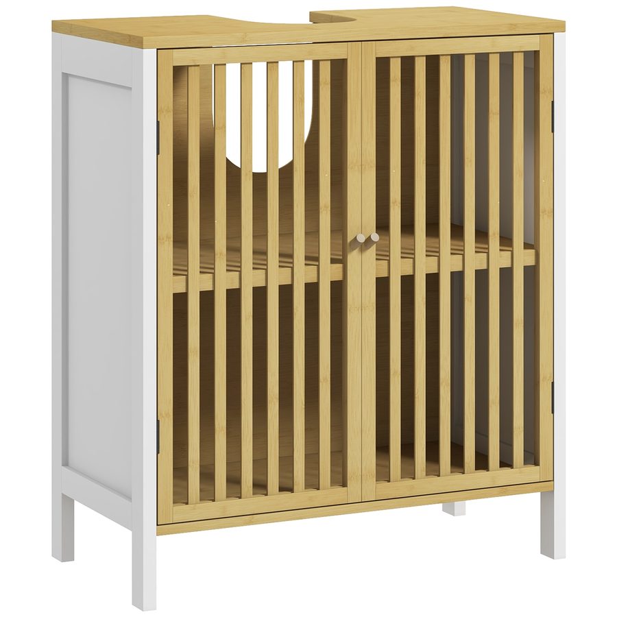 HOMCOM Unterschrank für Waschbecken Badmöbel 2 Türen mit verstellbarem Fach Aufbewahrungsschrank für Waschbecken 60 x 30 x 70 cm Bambus Weiß und Natur   Aosom von HOMCOM