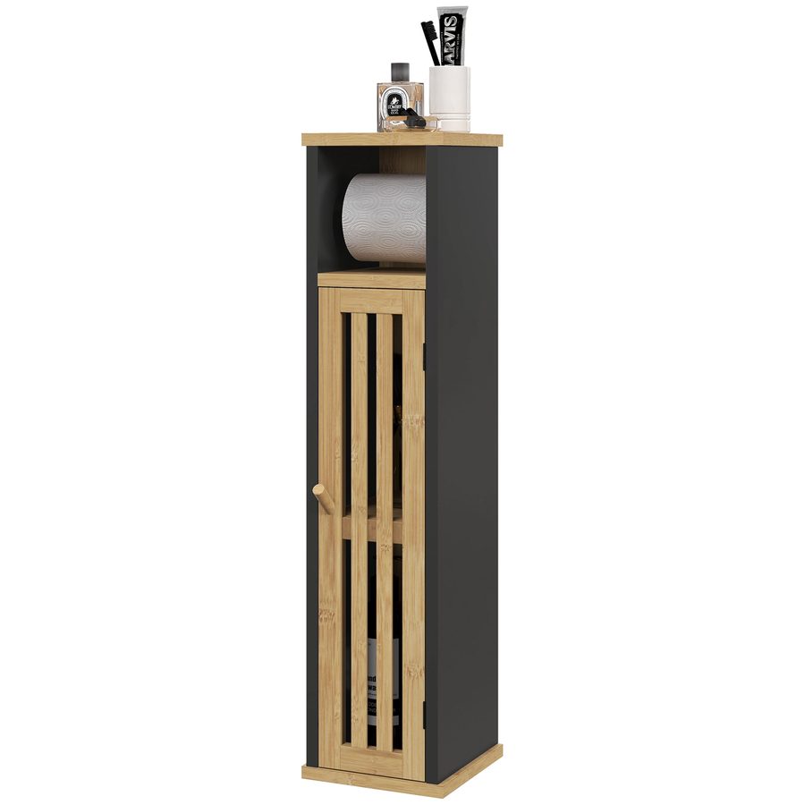 HOMCOM Badezimmerschrank mit Toilettenpapierhalter - Aufbewahrung mit abnehmbarer Stange - 2 Ebenen + Toilettenpapierauslass MDF Schwarz Bambus   Aosom von HOMCOM
