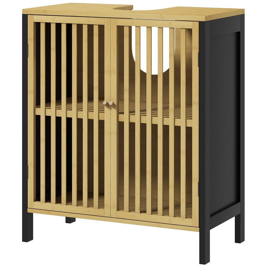 HOMCOM Waschbeckenunterschrank Badezimmermöbel 2 Türen mit höhenverstellbarem Regal Aufbewahrungsschrank für Waschbecken 60 x 30 x 70 cm aus schwarzem Bambus und Naturholz   Aosom von HOMCOM