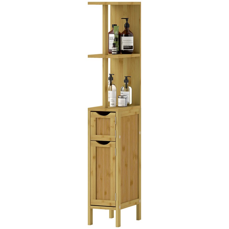 HOMCOM Badezimmerschrank, Badezimmerschrank, mit 2 offenen Regalen, 2 Schränken mit magnetischen Türen, aus Bambus, Naturholz   Aosom von HOMCOM