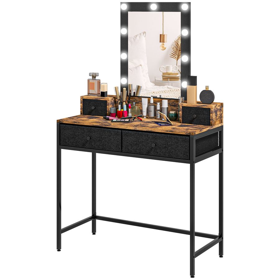 HOMCOM Schminktisch im Industriestil mit integriertem LED-Spiegel - Schwarzmetallfuß - 4 Stoffschubladen - dunkles Holzoptik 90L x 40B x 148H cm   Aosom von HOMCOM