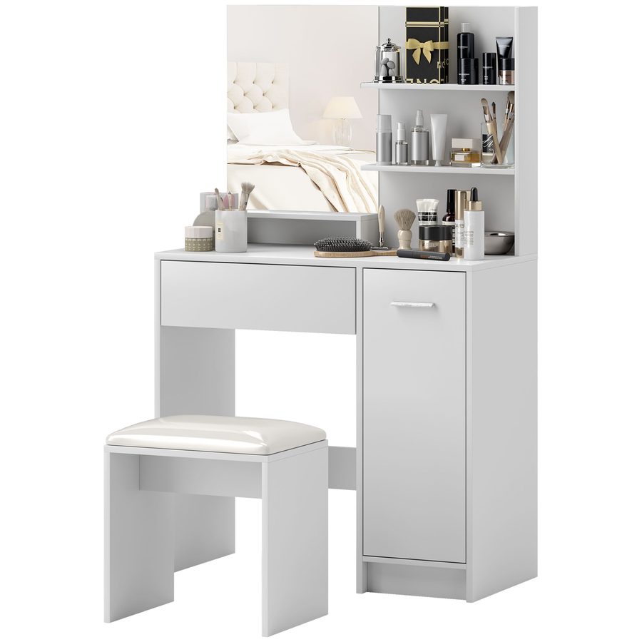 HOMCOM Frisiertisch-Set Schminktisch mit Spiegel und Hocker, Schublade, Aufbewahrungsschrank und verstellbarem Regal für Schlafzimmer, 80l x 40T x 132H cm, weiß   Aosom von HOMCOM