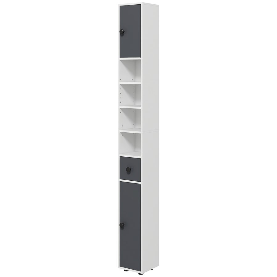 kleankin Badezimmerschrank hoch schmal mit 4 verstellbaren Regalen, 1 Schublade und 2 Schränken, modernes Design 20 x 20 x 180 cm Grau   Aosom von Kleankin