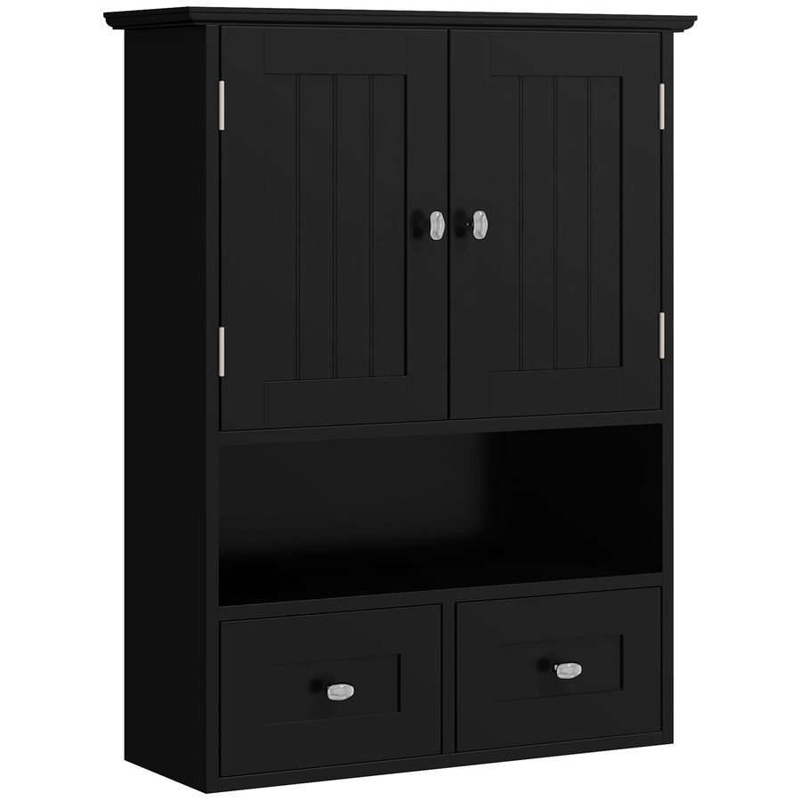 Kleankin Wandmontierter Badezimmerschrank, Hängeschrank, Wandmontiertes Badezimmerschrank, 2 Türen mit Magnetverschluss, 2 Schubladen und Offenes Regal, für Küche, Waschküche, 50,8x17,8x66 cm, Schwarz   Aosom von Kleankin
