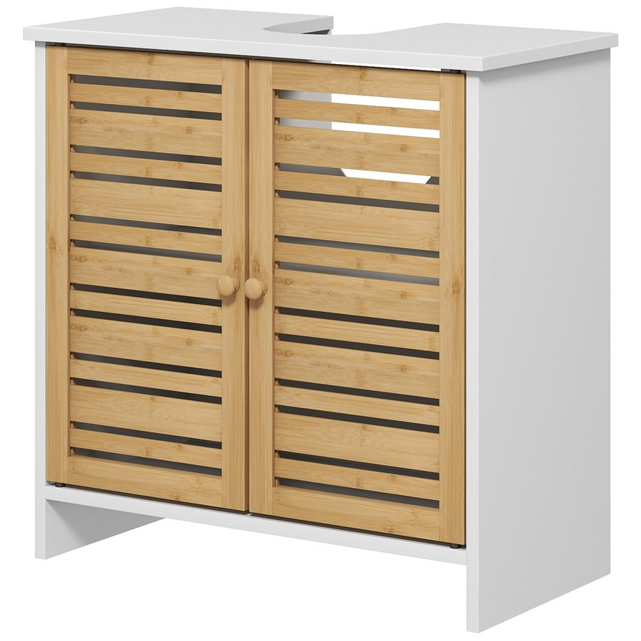 HOMCOM Waschtischunterschrank Badezimmermöbel 2 Türen mit verstellbarem Regal Aufbewahrungsschrank für Waschbecken 60 x 30 x 60 cm Bambus Natur und Weiß   Aosom von HOMCOM