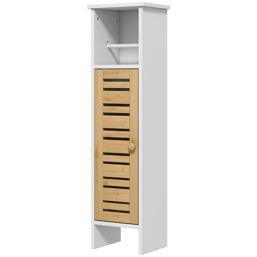 HOMCOM Badezimmerschrank mit Toilettenpapierhalter und herausnehmbarer Stange 3 Ebenen + Toilettenpapierablage, 21B x 17T x 78H cm, Bambus und Weiß   Aosom von HOMCOM