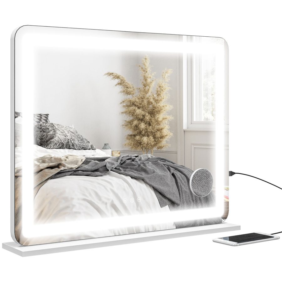 HOMCOM LED Spiegel Make-up Spiegel mit 3 Lichtmodi 10-fache Vergrößerungsfunktion, USB-Ladeanschluss, Touch-Steuerung - 80 x 62 cm   Aosom von HOMCOM