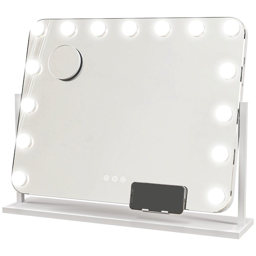 HOMCOM Hollywood Spiegel mit Beleuchtung 62,5 x 52 cm 360°Drehbarer Schminkspiegel mit 15 LED Licht, 3 Lichtfarben, USB-Ladeanschluss, Handyhalterung, Touchschalter, Kosmetikspiegel 10X Vergrößerung   Aosom von HOMCOM