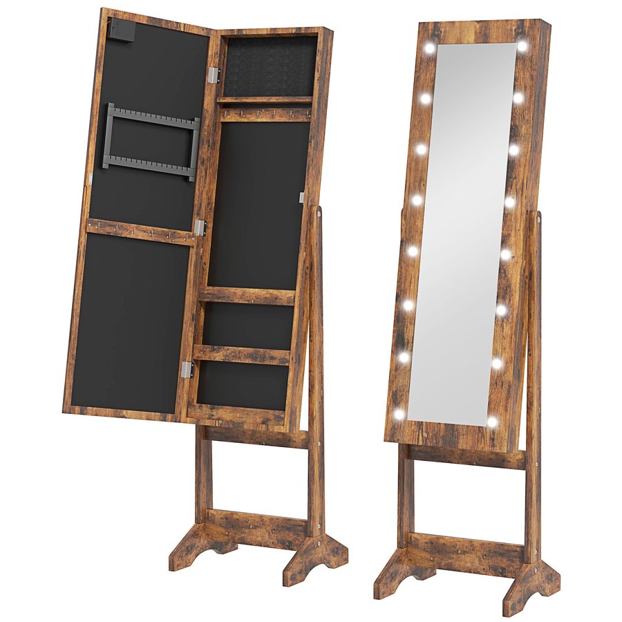 HOMCOM Schmuckschrank mit LED-Beleuchtung, Schmuckschrank mit Spiegel, für Schlafzimmer & Wohnzimmer, 36x30x136 cm, Rustikales Braun   Aosom von HOMCOM