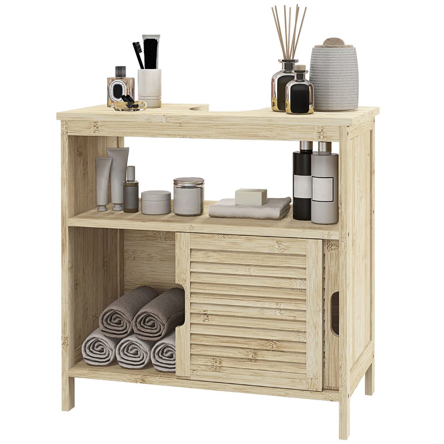 HOMCOM Badezimmerschrank unter Waschbecken aus Bambus, Stauraummöbel für Badezimmer mit 2 Lamellen-Schiebetüren, 60 x 30 x 60 cm, Natürliches Holz   Aosom von HOMCOM