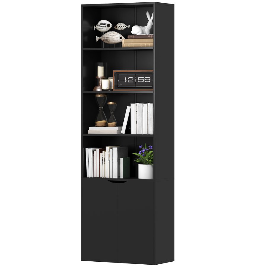HOMCOM Bücherregal Aufbewahrungsregal Bücherregal mit 4 offenen Fächern und 2 Türen, Aufbewahrungsregal für Wohnzimmer, Schlafzimmer, Büro, 59 x 29 x 180 cm, Schwarz   Aosom von HOMCOM