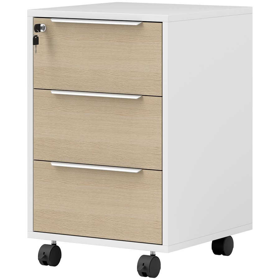 HOMCOM Bürocontainer mit 3 Schubladen und Schloss, Büromöbel auf Rollen für Dokumente und Drucker, kompakter Aufbewahrungscontainer für Büro- oder Schlafzimmerarbeit, 40x40x63,5cm, Eiche   Aosom von HOMCOM