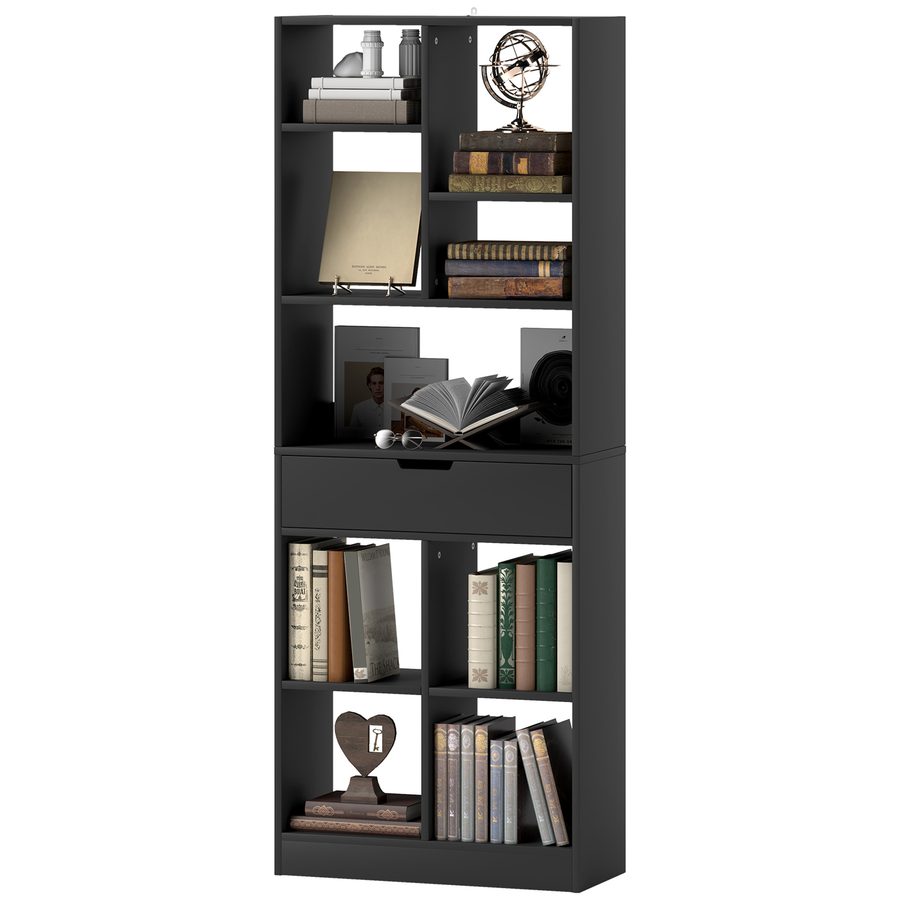 HOMCOM Bücherregal mit zentralem Schubfach und offenen Regalen, freistehendes platzsparendes Holzregal, Raumteiler für Wohnzimmer, Schlafzimmer und Büro, 60x26x158 cm, Schwarz   Aosom von HOMCOM