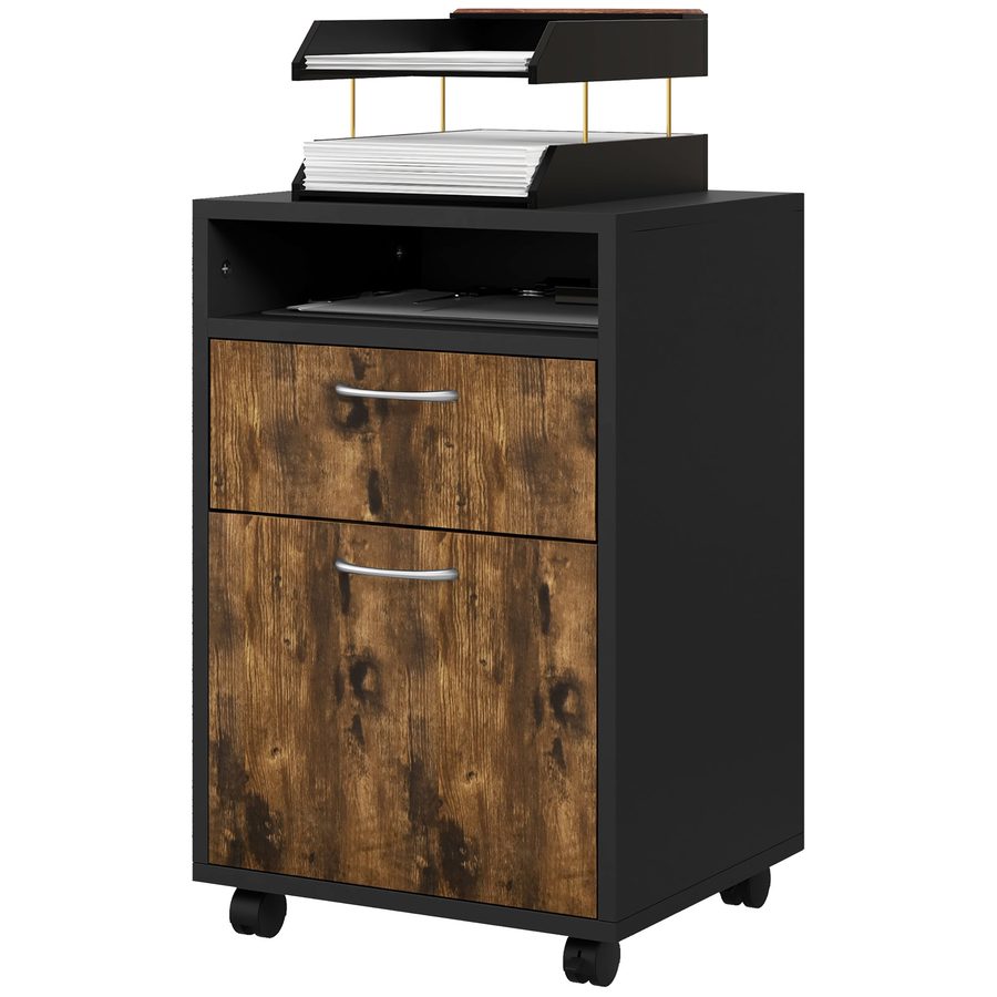 HOMCOM Rollcontainer fürs Büro mit offenem Regal und 2 Schubladen, Büromöbel aus Holz und Metall, 40x35x60 cm, Braun und Schwarz   Aosom von HOMCOM