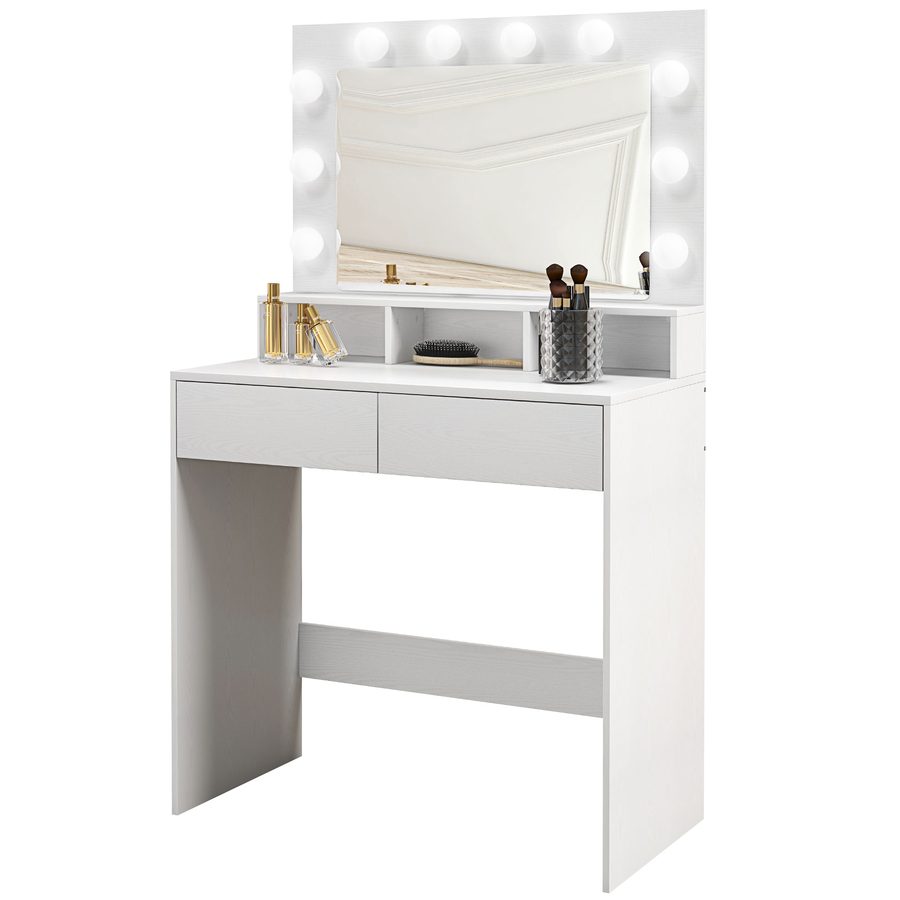 HOMCOM Coiffeuse mit Hollywood-Spiegel, Schminktisch mit Schubladen, 3 Beleuchtungsmodi, 10 Glühbirnen, moderner Friseurtisch für Schlafzimmer, Wohnzimmer, 80 x 40 x 135 cm, Weiß   Aosom von HOMCOM