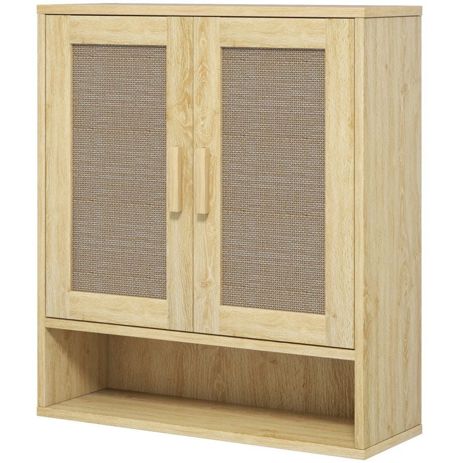 HOMCOM Wandmontage Badezimmerschrank, Hängeschrank WC mit verstellbarem Regal, Doppeltüren und offenes Regal, 59 x 20 x 66,5 cm, Eichenholz-Effekt   Aosom von HOMCOM